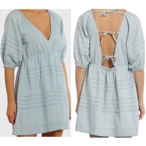 7 For All Mankind Chambray Pleated Puff Sleeves Cut Out Light Blue Mini Dress XL